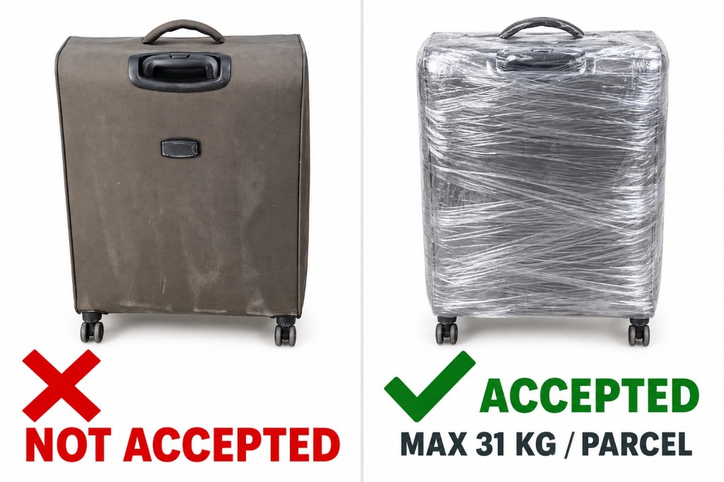 Bare suitcase not accepted. Wrap with stretch film or packing tape. Max 31 kg per parcel.